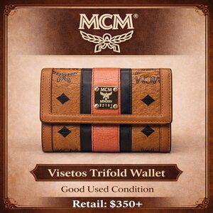 MCM Visetos Trifold Wallet Cognac Leather Logo Plate Compact Wallet